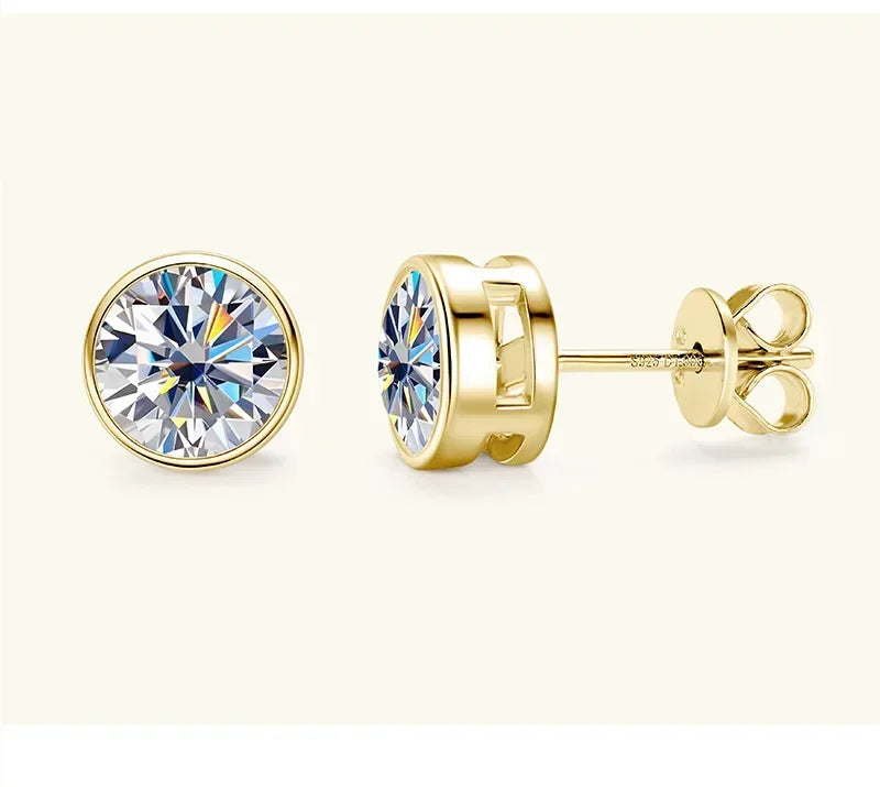 Round Moissanite Stud Earrings in Silver & Gold-Tone Settings — Gold-tone bezel option