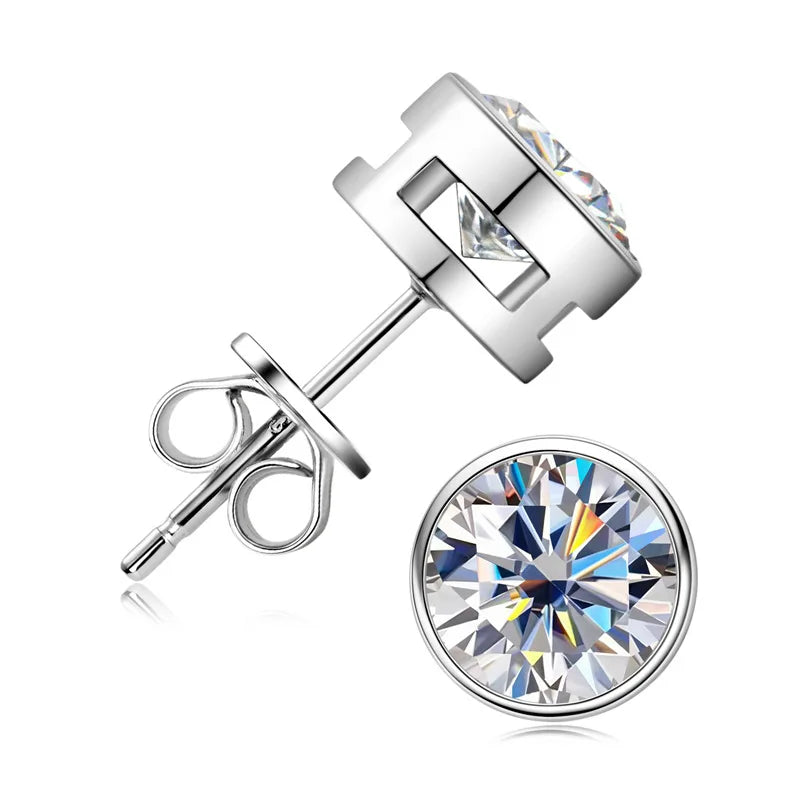 Round Moissanite Stud Earrings in Silver & Gold-Tone Settings — Silver bezel side view