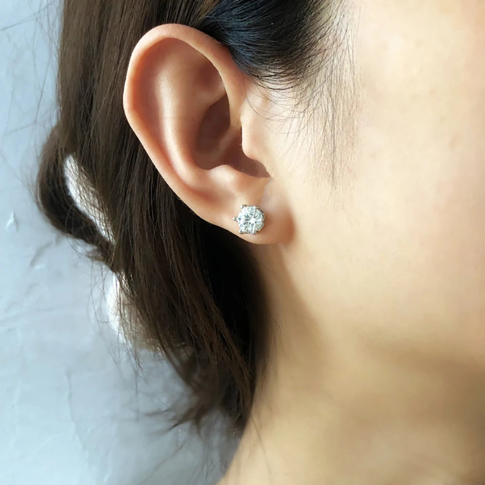 Colored Six-Prong Moissanite Screw-Back Stud Earrings — Shown on ear