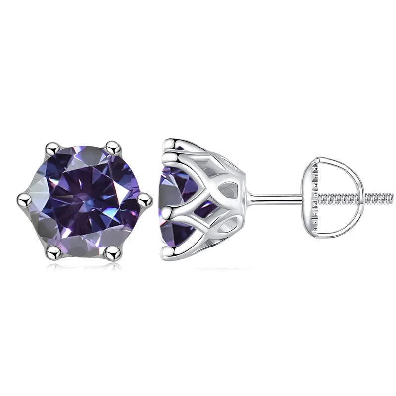 Colored Six-Prong Moissanite Screw-Back Stud Earrings — Violet