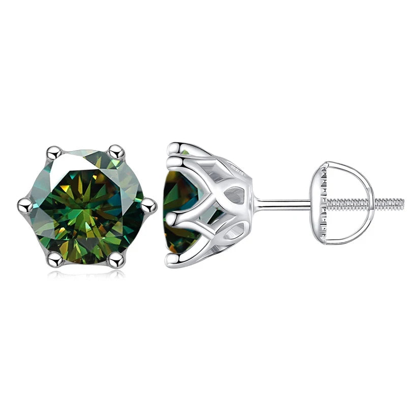 Colored Six-Prong Moissanite Screw-Back Stud Earrings — Dark green