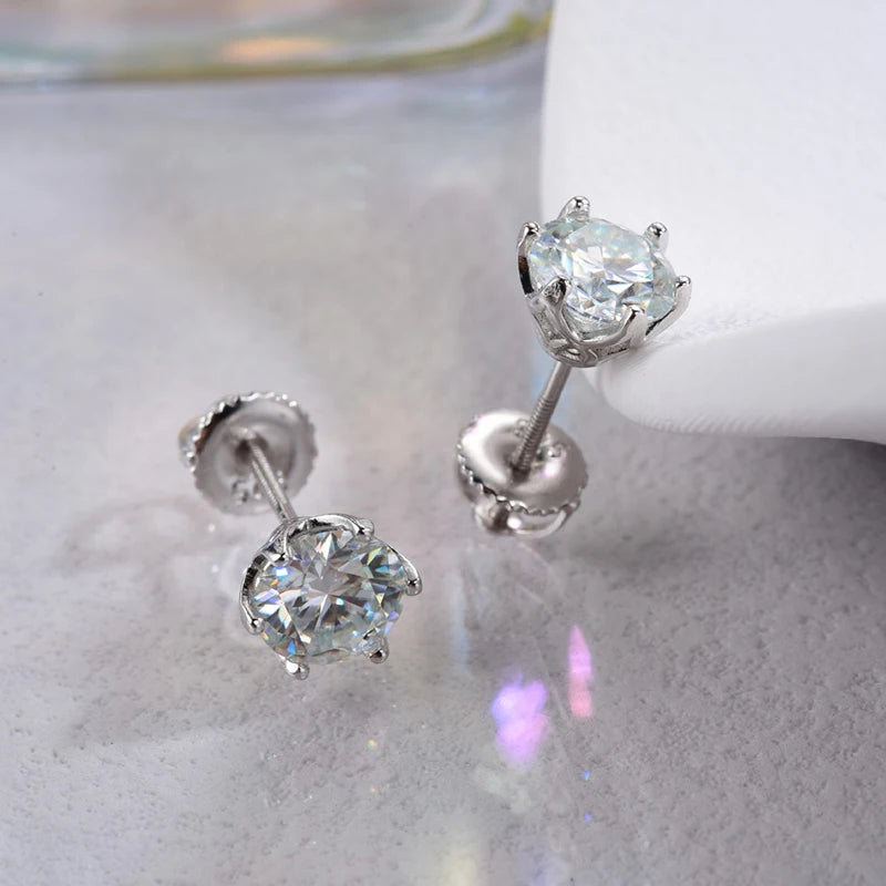 Colored Moissanite Screw-Back Stud Earrings - silver pair close-up