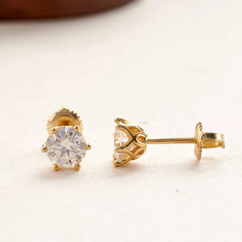 Colored Six-Prong Moissanite Screw-Back Stud Earrings — Gold-tone post detail