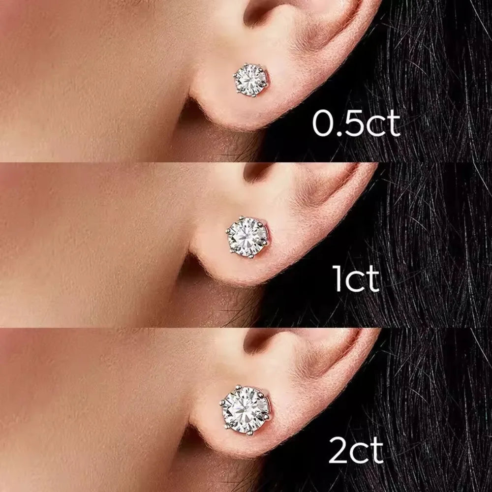 Colored Six-Prong Moissanite Stud Earrings in Sterling Silver - Three stud sizes shown on ear