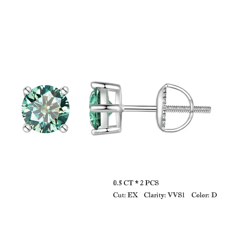 Four-Prong Moissanite Screw-Back Stud Earrings - green stones in silver, 0.5 ct option