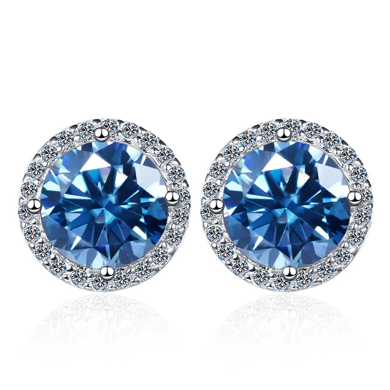Colored Round Halo Moissanite Stud Earrings in Silver - Royal blue centers