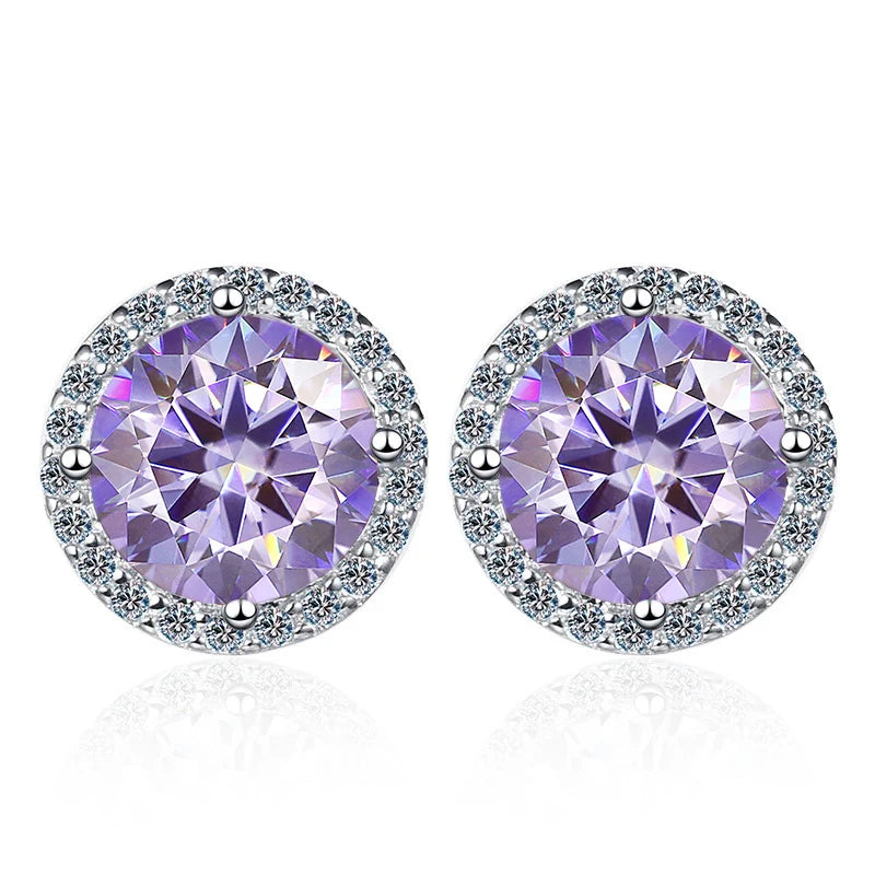 Colored Round Halo Moissanite Stud Earrings in Silver - Light purple centers
