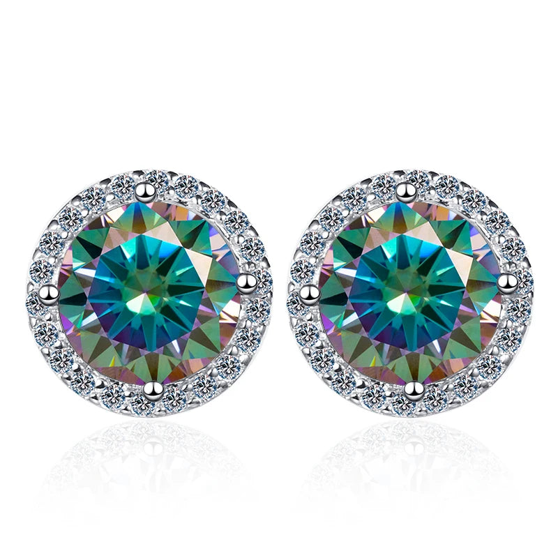 Colored Round Halo Moissanite Stud Earrings in Silver - Rainbow centers