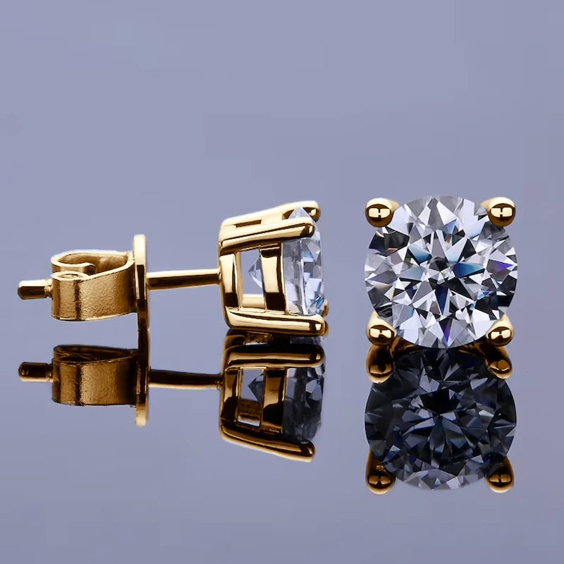 Four-Prong Round Moissanite Stud Earrings in Silver — Gold-tone basket side view