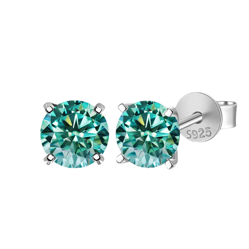 Cyan Round Moissanite Stud Earrings in Sterling Silver — Silver studs