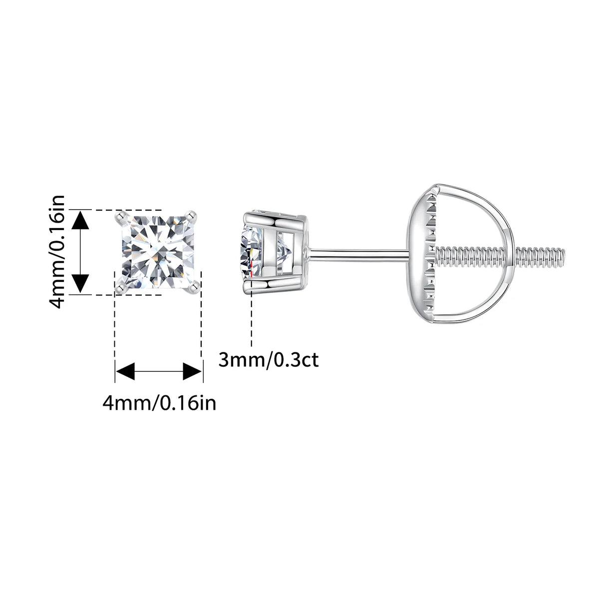Round & Square Moissanite Screw-Back Stud Earrings in Silver — Square silver 0.3CT option