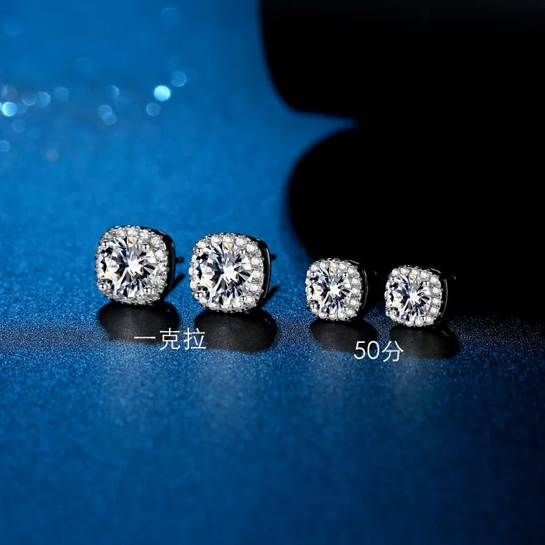Colored Moissanite Cushion Halo Stud Earrings in Silver - White halo size comparison