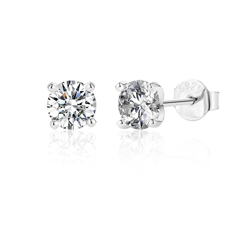 Round Moissanite Solitaire Stud Earrings in Sterling Silver - silver front and side views