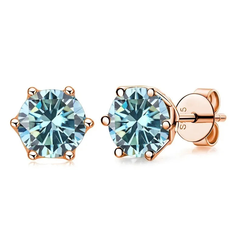 Rose Gold-Tone Colored Moissanite Six-Prong Stud Earrings — Blue