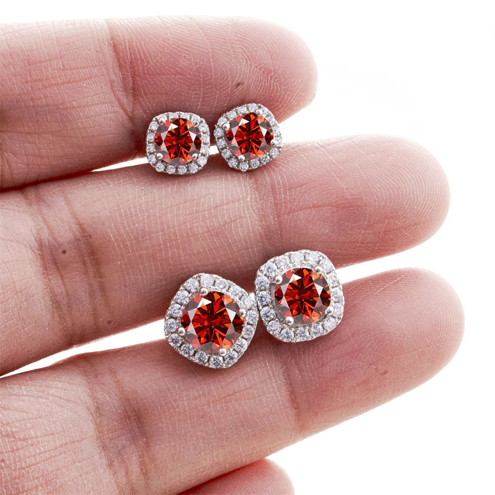 Colored Moissanite Cushion Halo Stud Earrings in Silver - Red halo size comparison