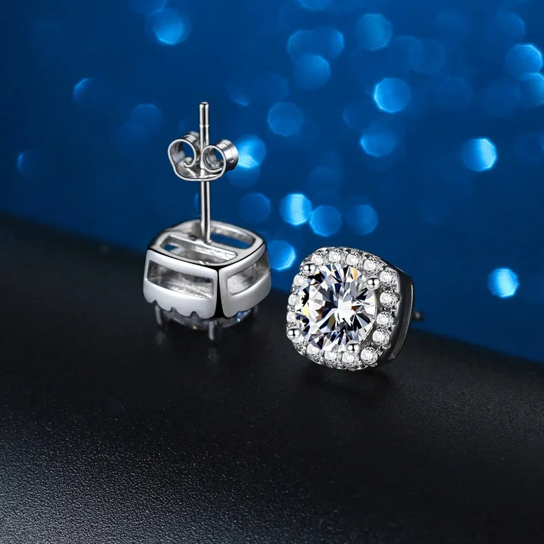 Colored Moissanite Cushion Halo Stud Earrings in Silver - Rear basket and butterfly back