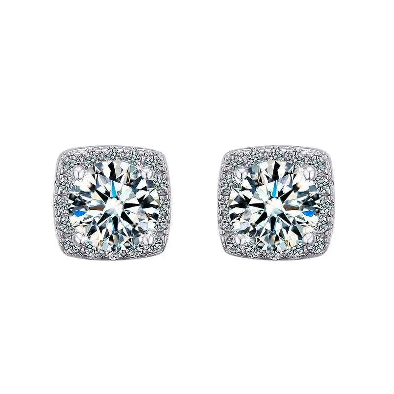 Colored Moissanite Cushion Halo Stud Earrings in Silver - White cushion halo pair
