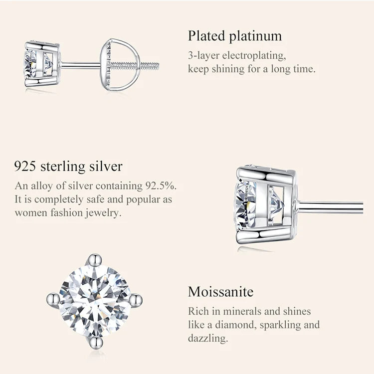 Round & Square Moissanite Screw-Back Stud Earrings in Silver — Setting materials