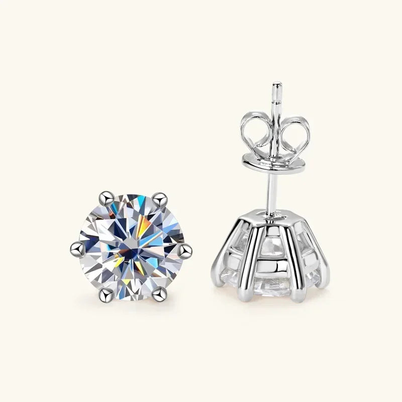 Round Moissanite Stud Earrings in Silver & Gold-Tone Settings — Silver six-prong option