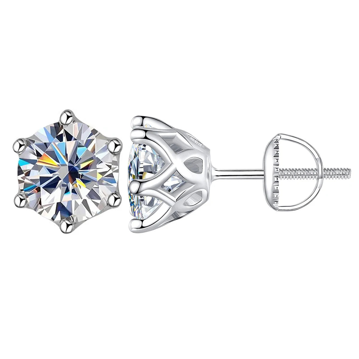 Colored Six-Prong Moissanite Screw-Back Stud Earrings — White