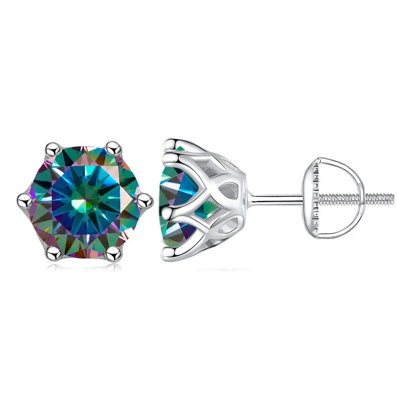Colored Six-Prong Moissanite Screw-Back Stud Earrings — Multicolor green