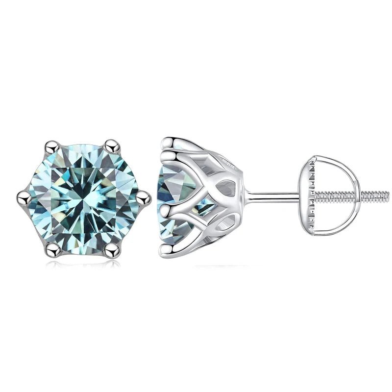 Colored Moissanite Screw-Back Stud Earrings - blue stone