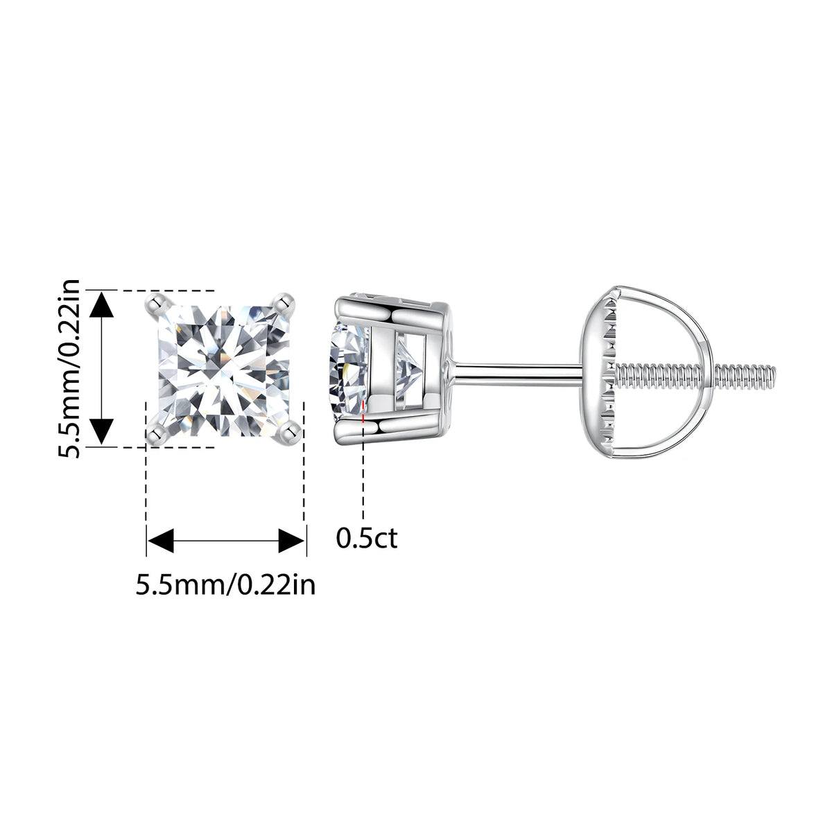 Round & Square Moissanite Screw-Back Stud Earrings in Silver — Square silver 0.5CT option