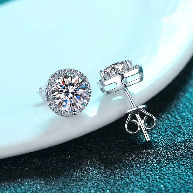 Colored Round Halo Moissanite Stud Earrings in Silver - White halo front and side