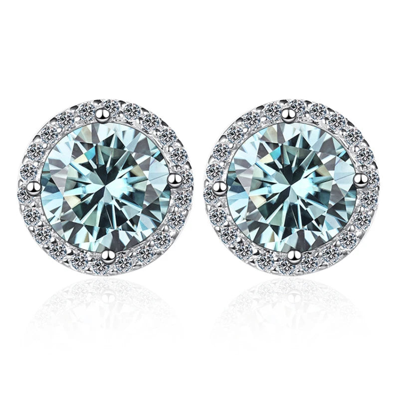 Colored Round Halo Moissanite Stud Earrings in Silver - Blue centers