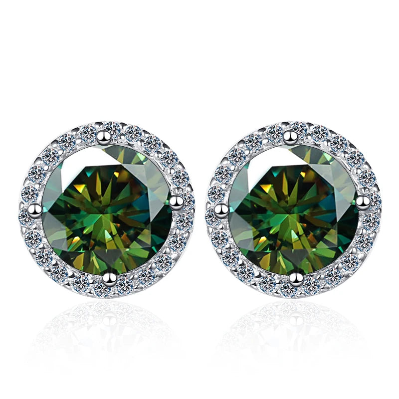 Colored Round Halo Moissanite Stud Earrings in Silver - Dark green centers