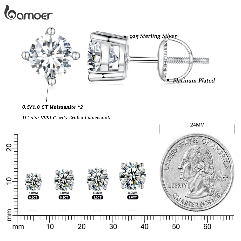 Round & Square Moissanite Screw-Back Stud Earrings in Silver — Round size guide