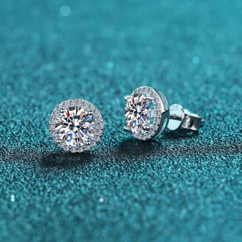 Colored Round Halo Moissanite Stud Earrings in Silver - White halo pair close-up