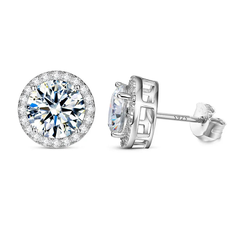 Colored Round Halo Moissanite Stud Earrings in Silver - White halo and post