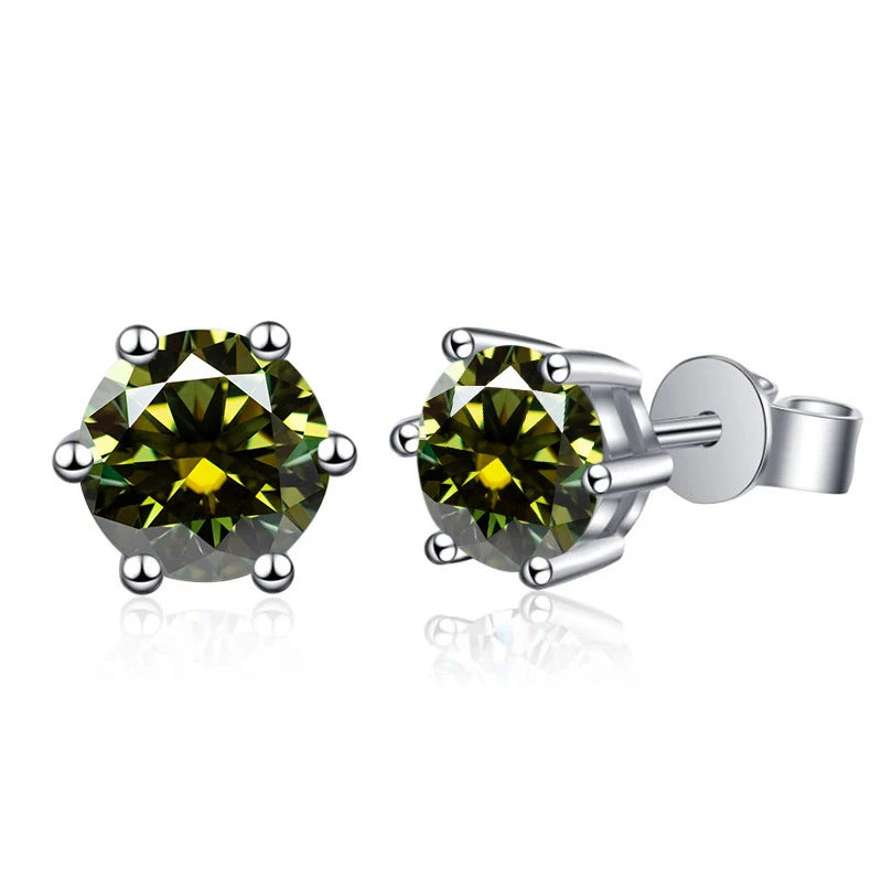 Colored Six-Prong Moissanite Stud Earrings in Sterling Silver - Yellow green stones