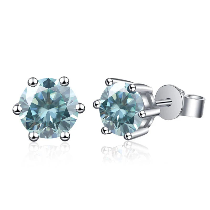 Colored Six-Prong Moissanite Stud Earrings in Sterling Silver - Blue stones