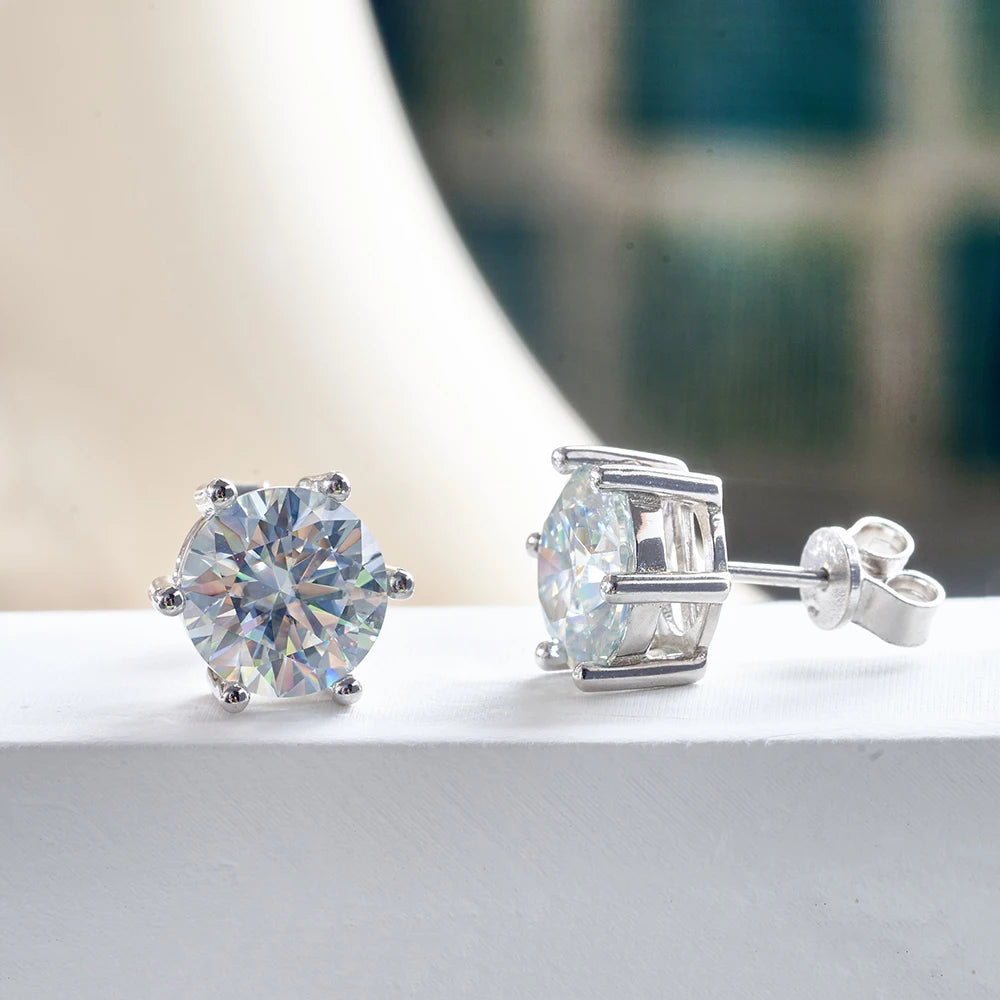 Colored Six-Prong Moissanite Stud Earrings in Sterling Silver - White basket front and side