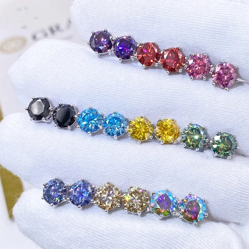 Colored Six-Prong Moissanite Stud Earrings in Sterling Silver - Colored stud selection