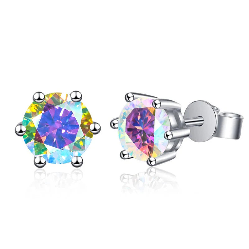 Colored Six-Prong Moissanite Stud Earrings in Sterling Silver - Multicolor stones