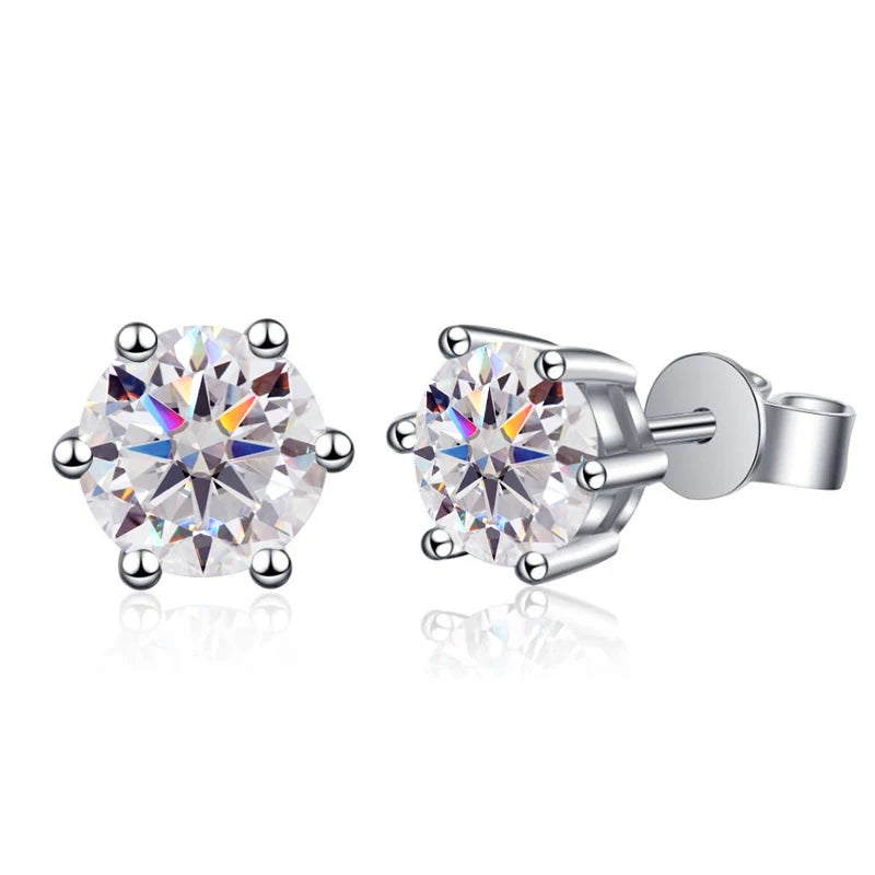Colored Six-Prong Moissanite Stud Earrings in Sterling Silver - White stones