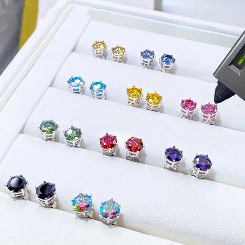 Colored Six-Prong Moissanite Stud Earrings in Sterling Silver - Stud colors in presentation tray