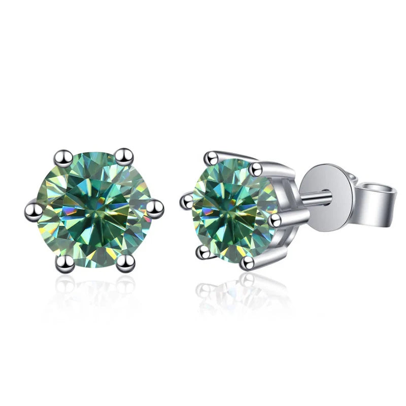 Colored Six-Prong Moissanite Stud Earrings in Sterling Silver - Blue green stones