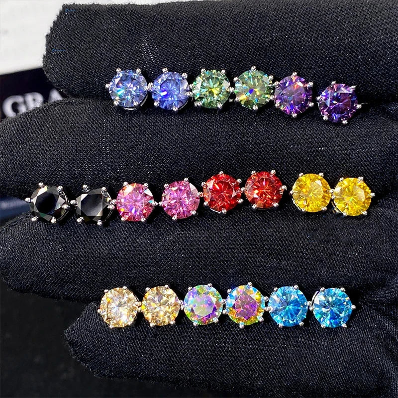 Colored Six-Prong Moissanite Stud Earrings in Sterling Silver - Multiple stone color pairs