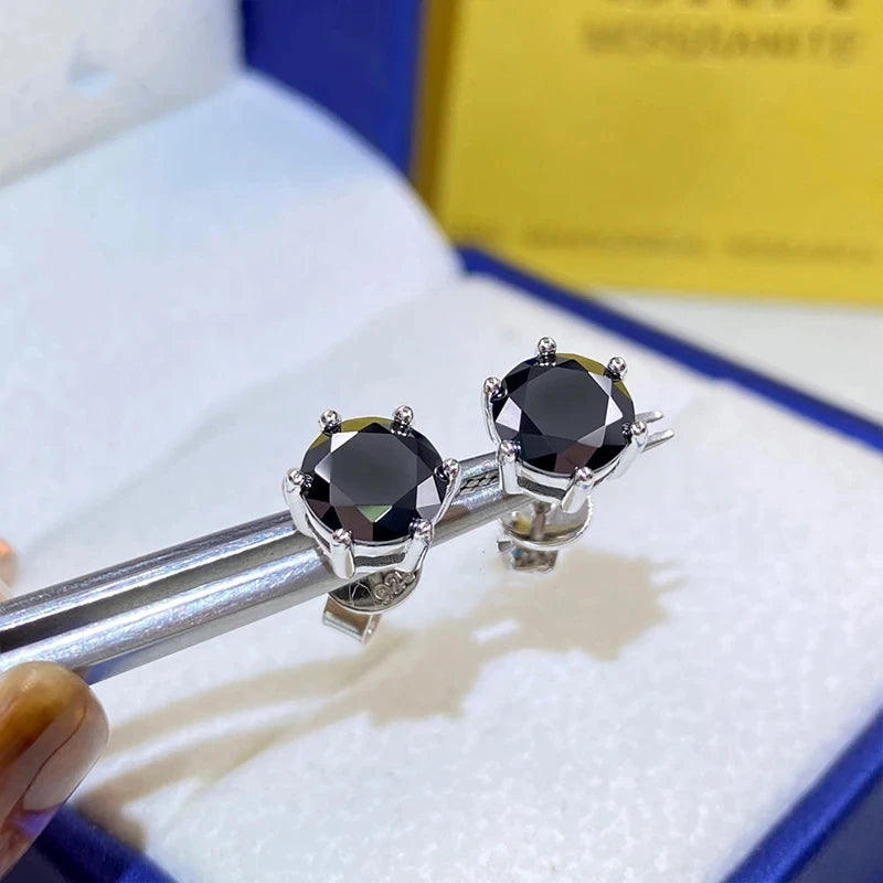 Colored Six-Prong Moissanite Stud Earrings in Sterling Silver — Black pair