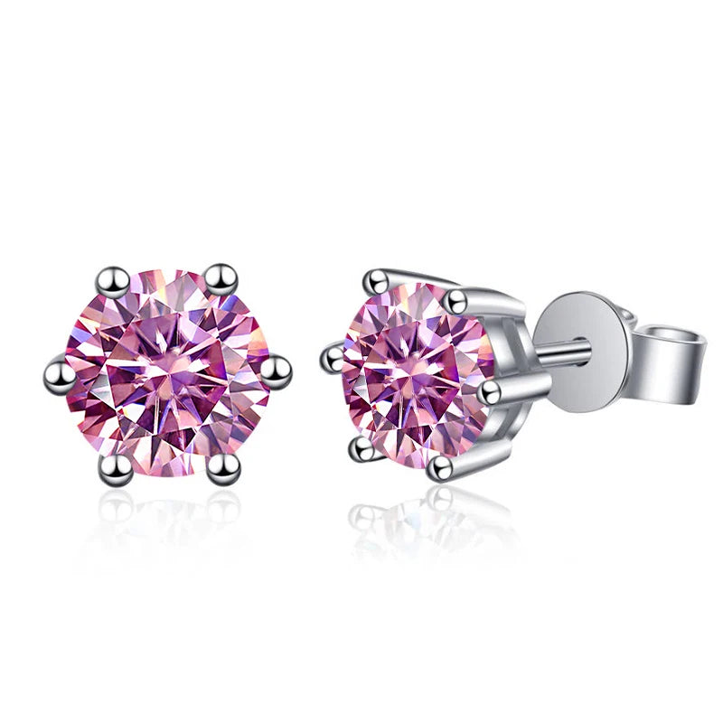 Colored Six-Prong Moissanite Stud Earrings in Sterling Silver — Pink