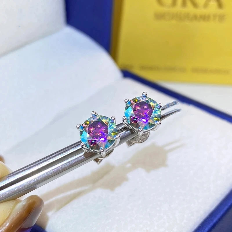 Colored Six-Prong Moissanite Stud Earrings in Sterling Silver — Multicolor AB pair