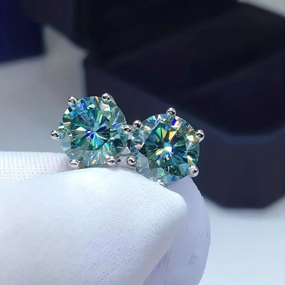 Colored Six-Prong Moissanite Stud Earrings in Sterling Silver — Sea blue pair
