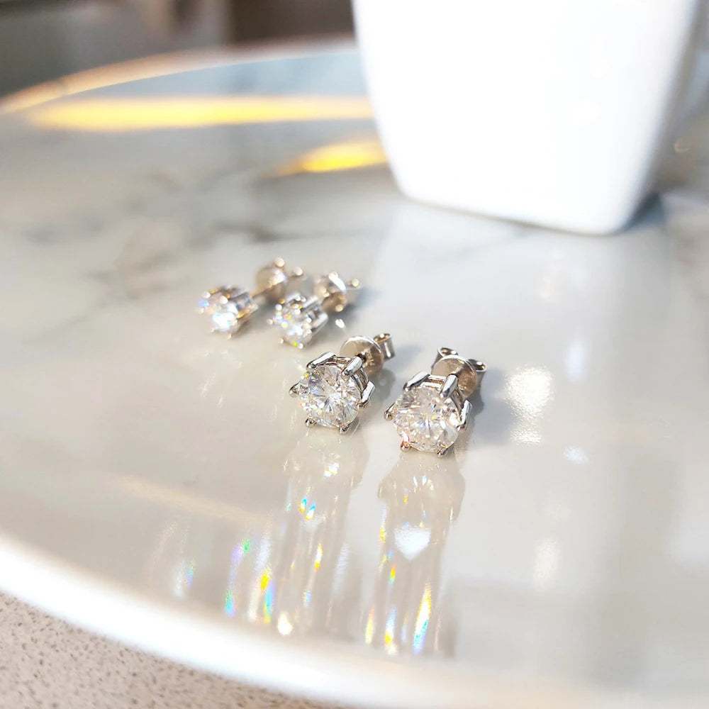 Colored Six-Prong Moissanite Stud Earrings in Sterling Silver — White pair