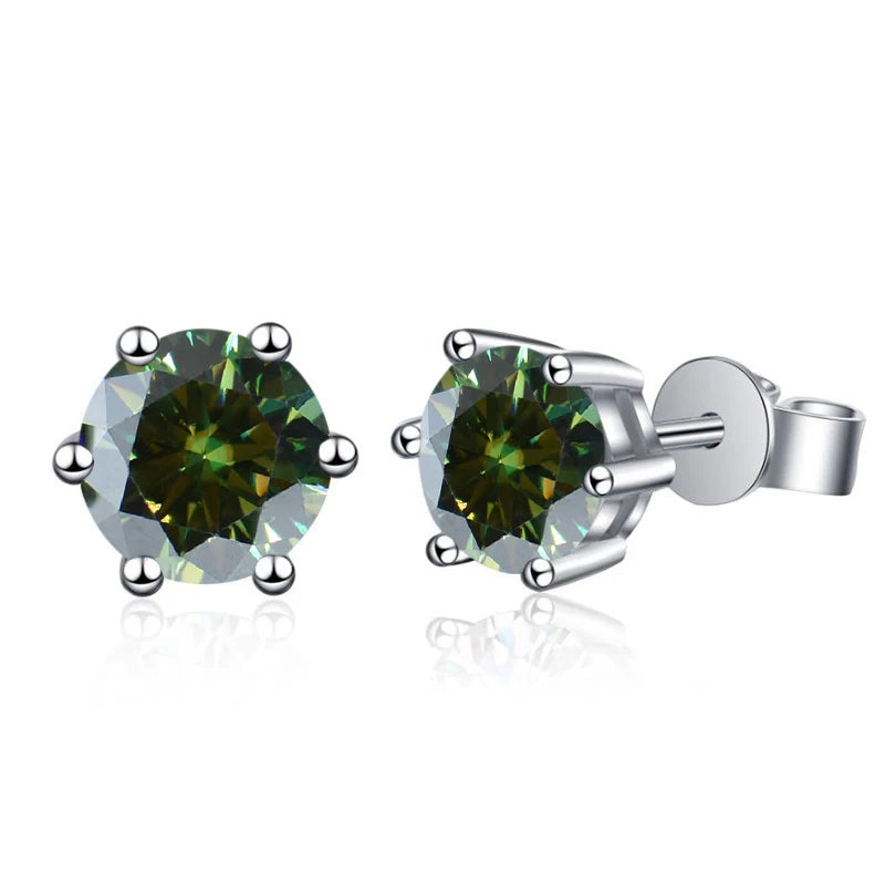 Colored Six-Prong Moissanite Stud Earrings in Sterling Silver — Dark green