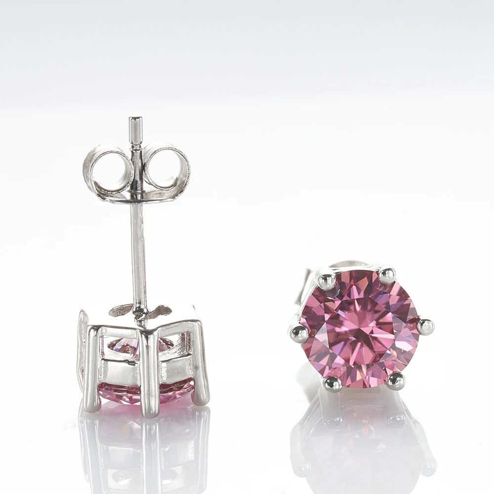 Colored Six-Prong Moissanite Stud Earrings in Sterling Silver — Pink front and back
