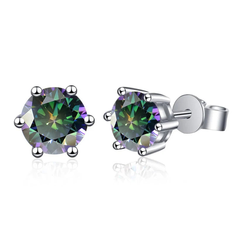 Colored Six-Prong Moissanite Stud Earrings in Sterling Silver - Rainbow green stones